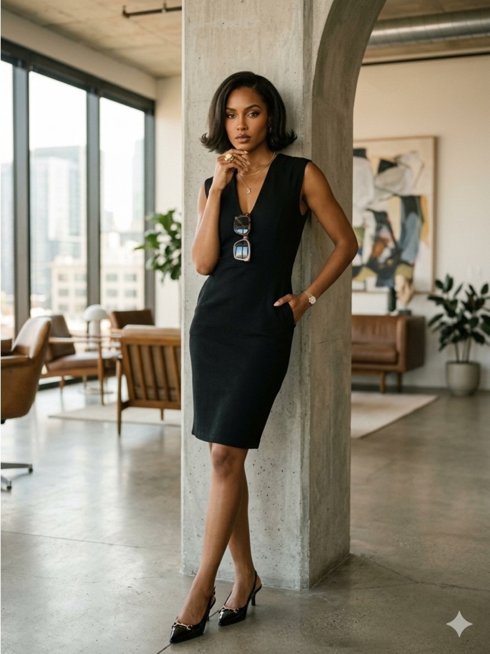 H&M Black Sleeveless V-Neck Bodycon Midi/Sheath Dress XS EUC